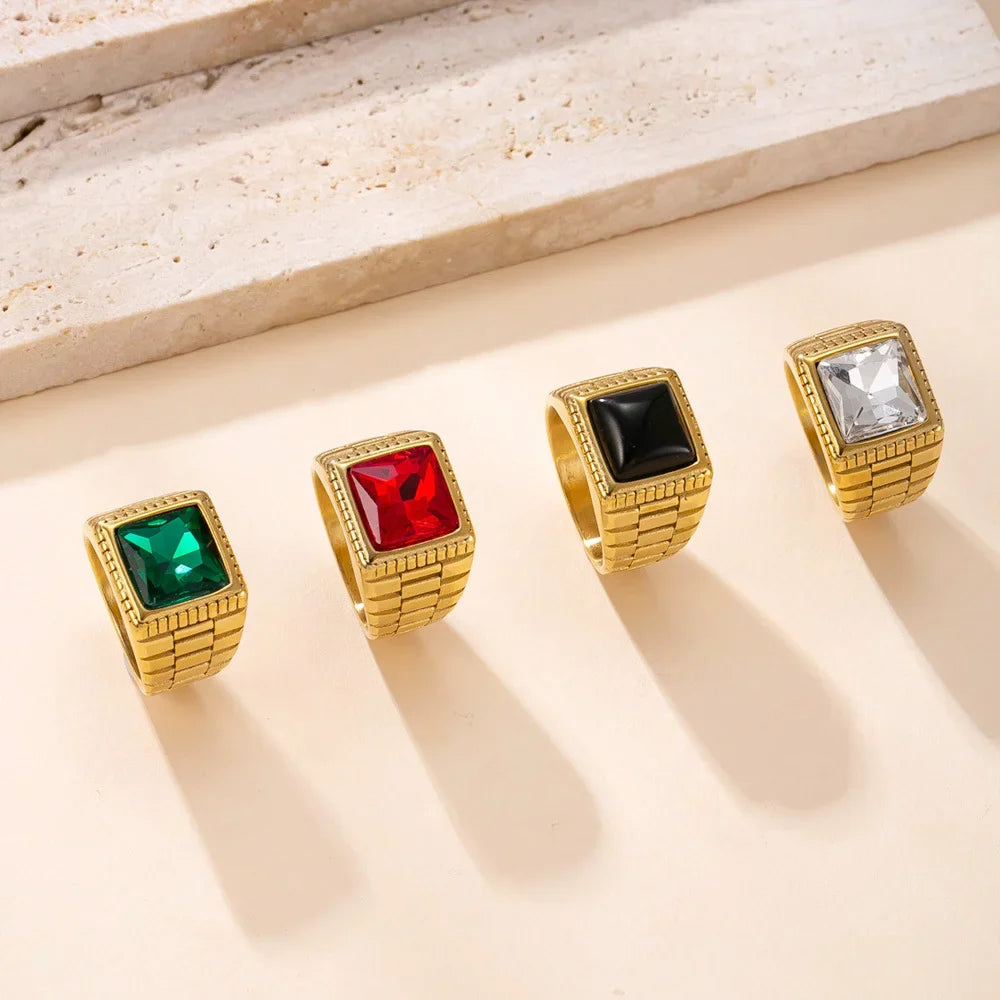 Vintage Square Red CZ Ring – Stainless Steel Statement Wedding Band (Unisex)