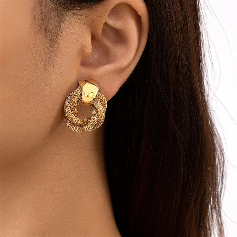 Vintage Metallic Twisted Weaving Round Circle Dangle Earrings