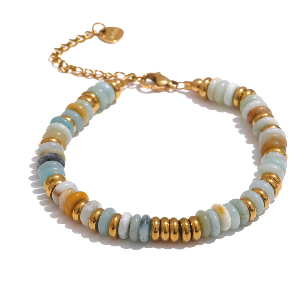 Yhpup Colorful Natural Stone Beads Chain Handmade Bracelet Bangle Waterproof Bohemia Stainless Steel Y2K Trendy Jewelry Gift