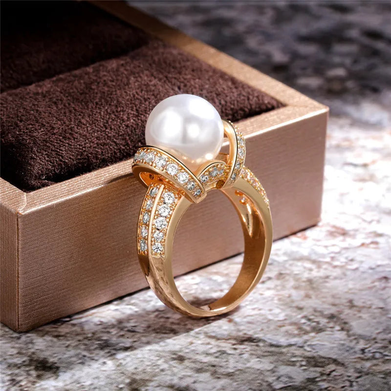 925 Sterling Silver Pearl & CZ Wedding Ring – Gold Vermeil Finish