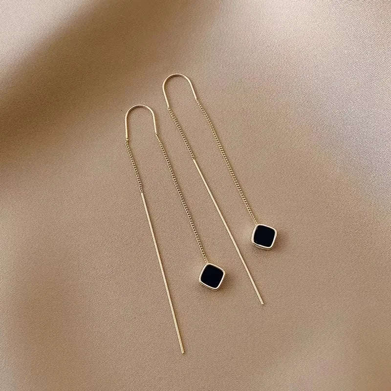 Black Drop Tassel Long Earrings