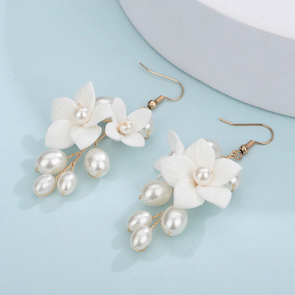 Bridal Pearl & Ceramic Flower Drop Earrings – 3 Elegant Colors