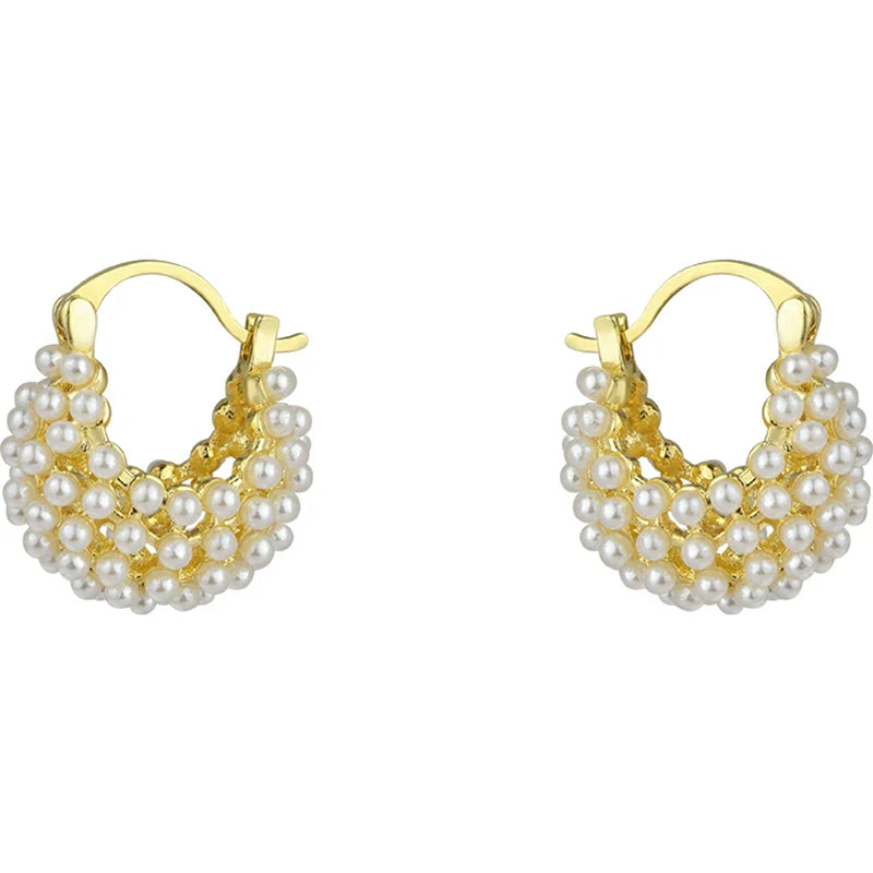 New Design Rice Pearl Embellished Metal Flower Basket Earrings