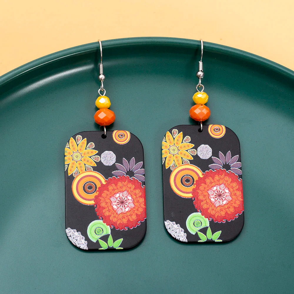 Vintage Black Floral Acrylic Drop Earrings