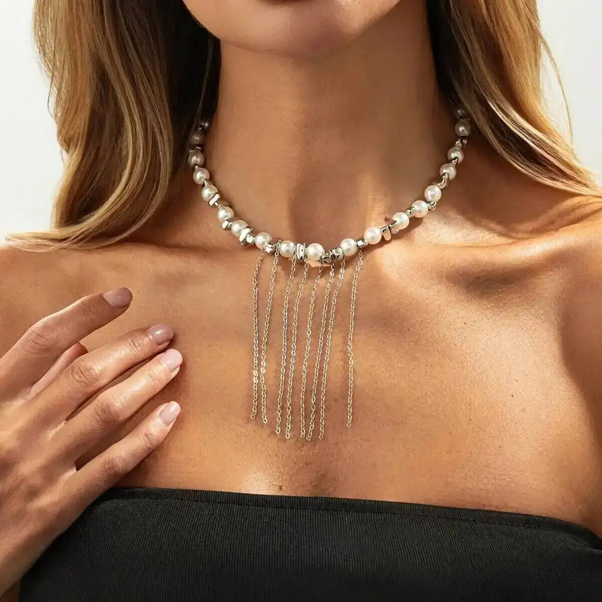 KunJoe Pearl Tassel Choker Necklace – Women