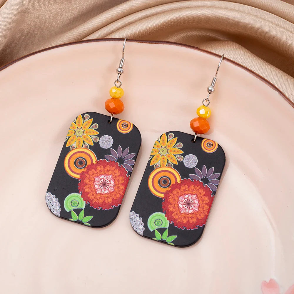 Vintage Black Floral Acrylic Drop Earrings