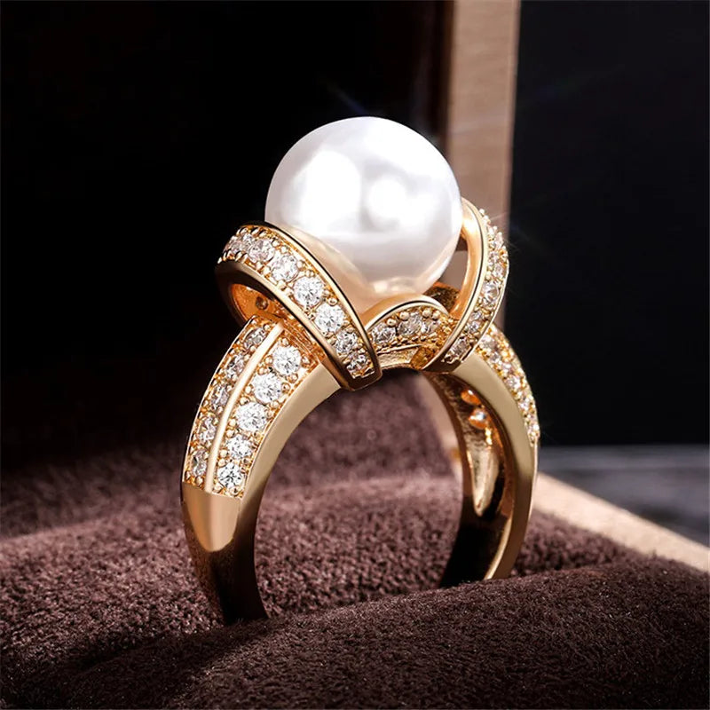 925 Sterling Silver Pearl & CZ Wedding Ring – Gold Vermeil Finish