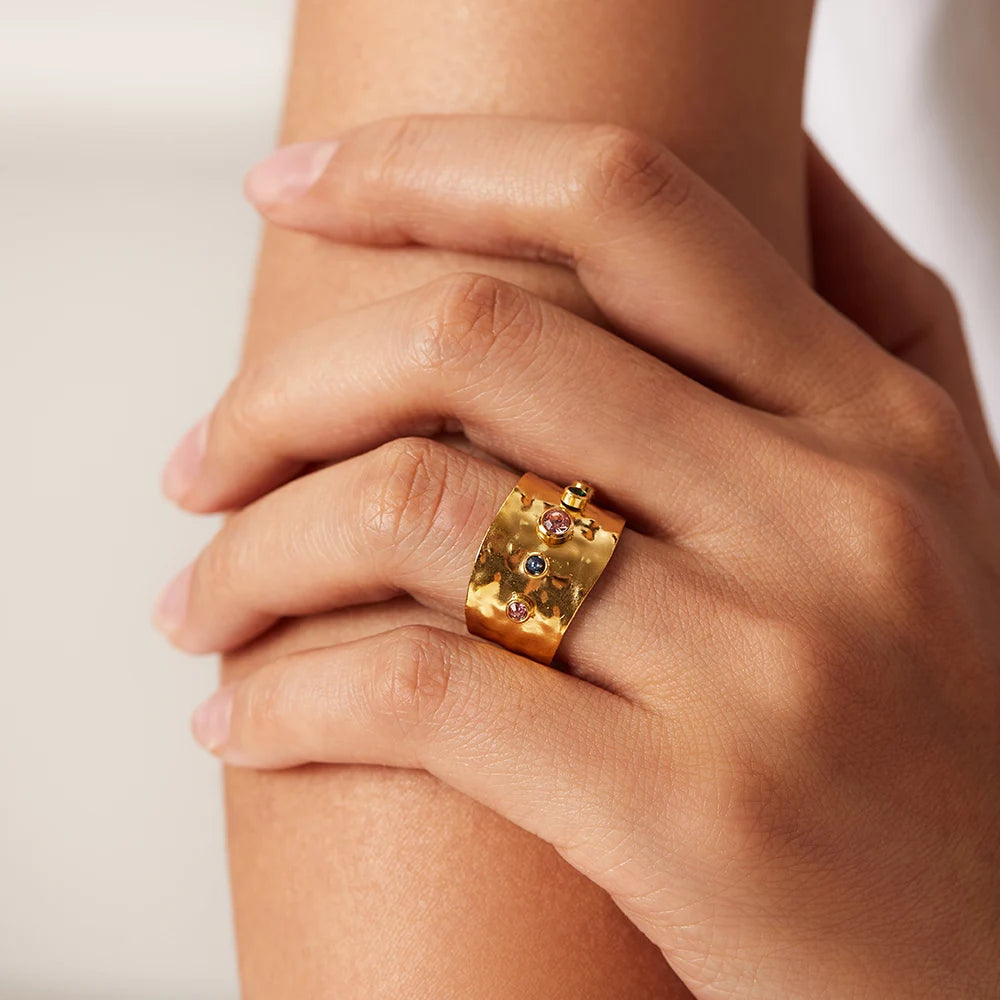 Uworld Colorful Cubic Zircon CZ Stone Crystal Wide Band Jewelry Women Stainless Steel Waterproof 18K Gold Plated Statement Rings