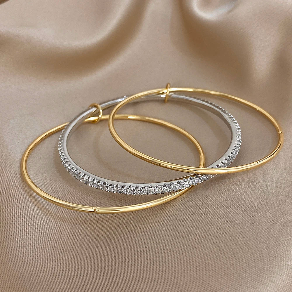 3pcs Two Tone Full Rhinestone Smooth Bangle Bracelets