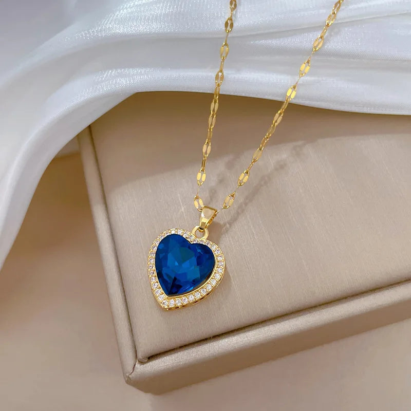 DIEYURO Heart Pendant Necklace – Blue Zircon Stainless Steel Jewelry
