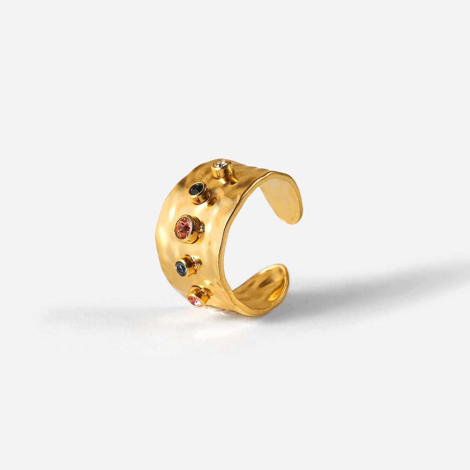 Uworld Colorful Cubic Zircon CZ Stone Crystal Wide Band Jewelry Women Stainless Steel Waterproof 18K Gold Plated Statement Rings