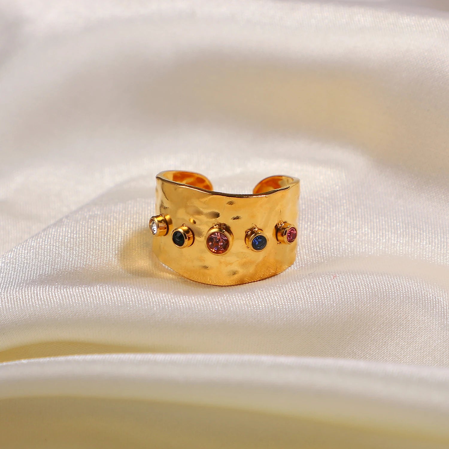 Uworld Colorful Cubic Zircon CZ Stone Crystal Wide Band Jewelry Women Stainless Steel Waterproof 18K Gold Plated Statement Rings